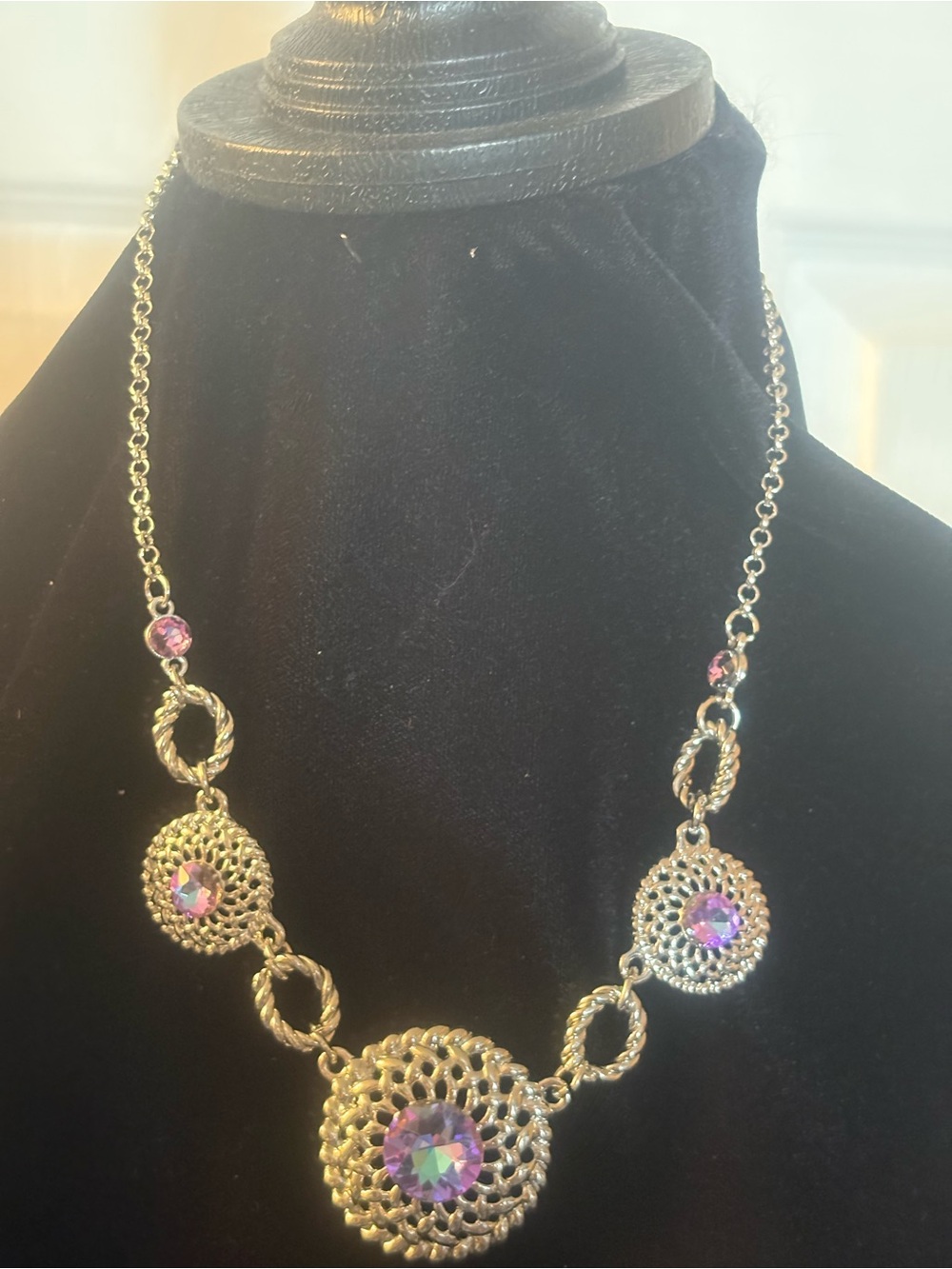 Silver Tone Purple Crystal Medallion Necklace